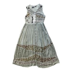 Indian Bohemian Embroidery Gray Leopard Maxi Dress Festival Size Medium